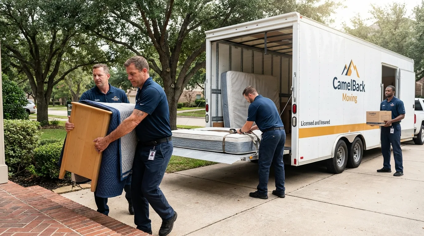 Crew loading residential truck for cross-state move from Milton, MA