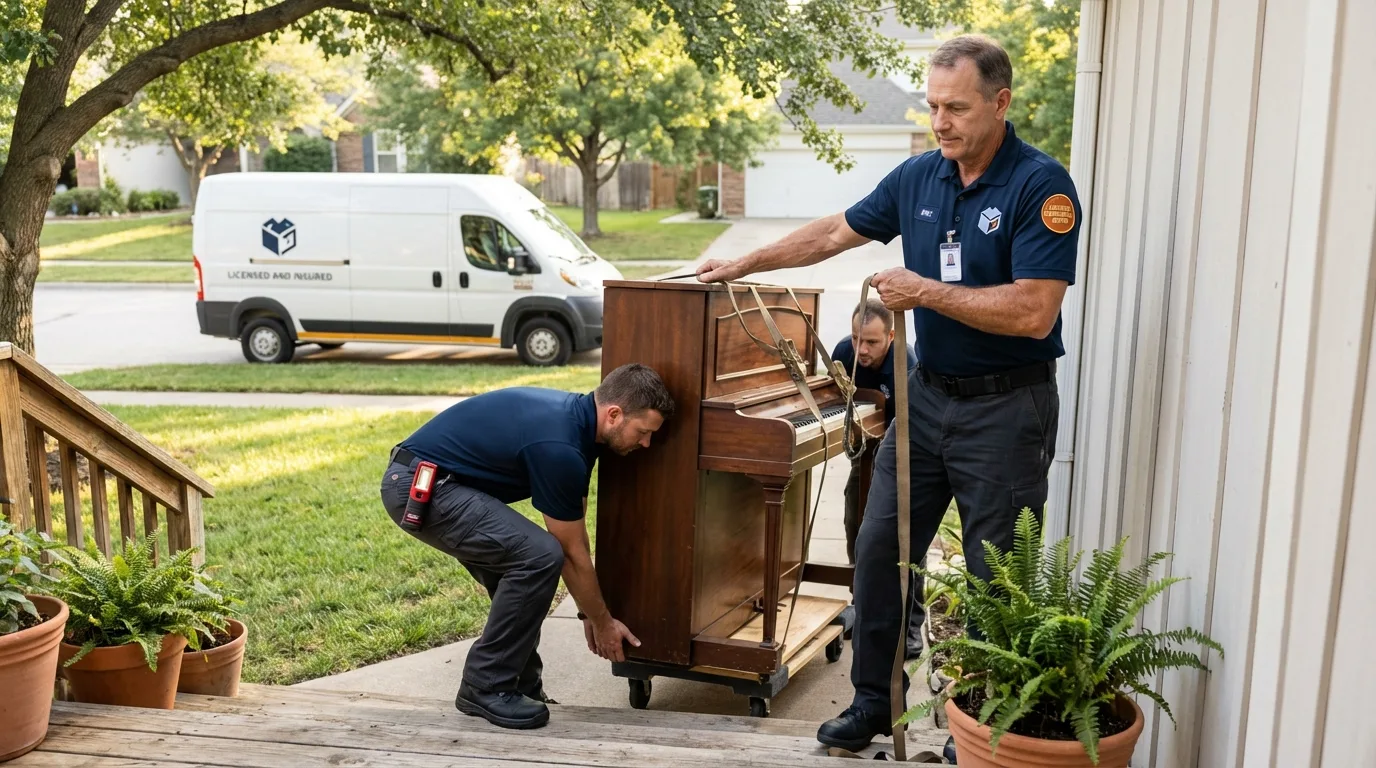 Licensed piano movers securing grand piano in Milton, MA