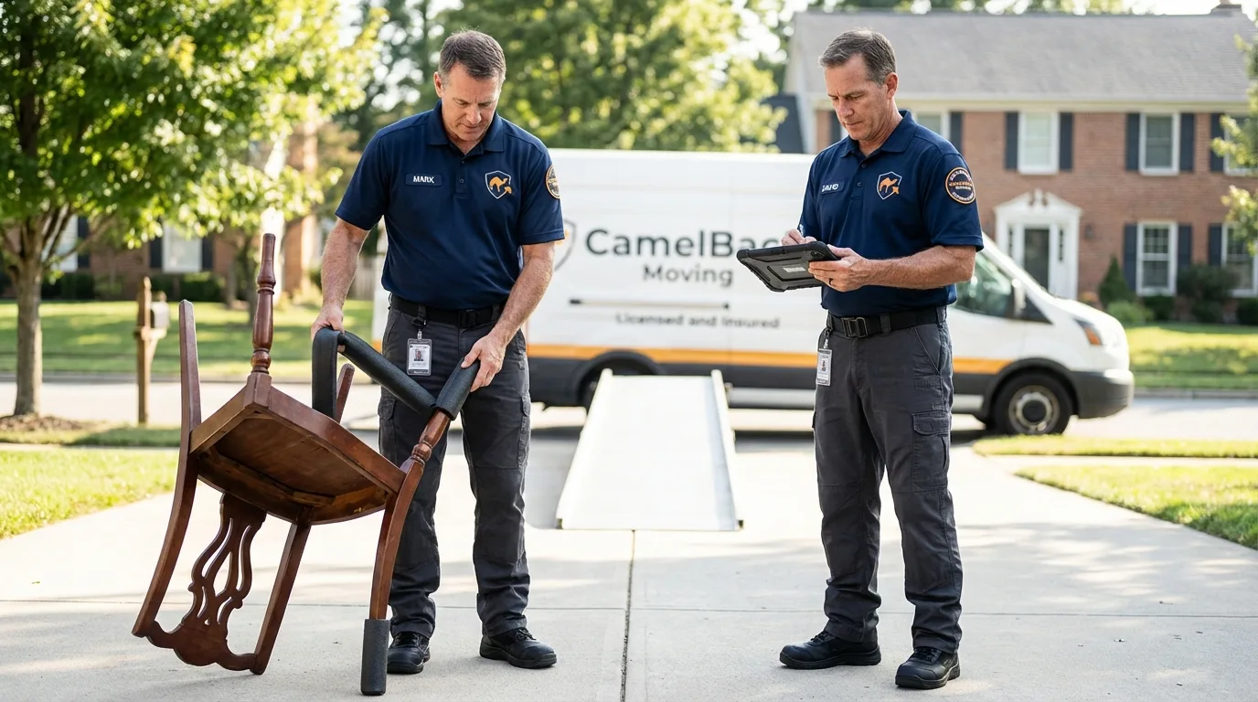 Movers inspecting furniture for damage prevention before loading in Milton, MA