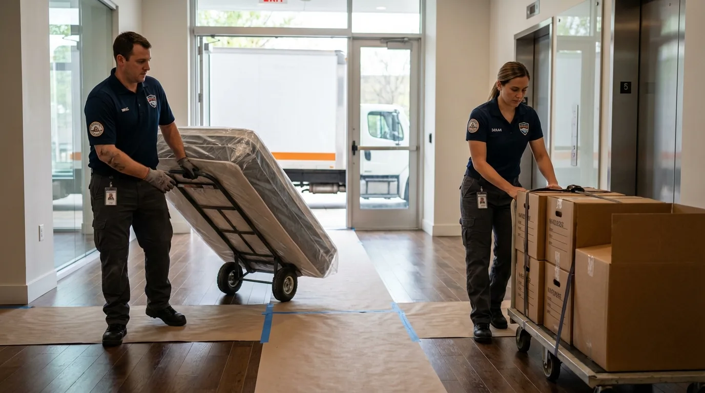 Professional apartment movers loading elevator in Milton, MA