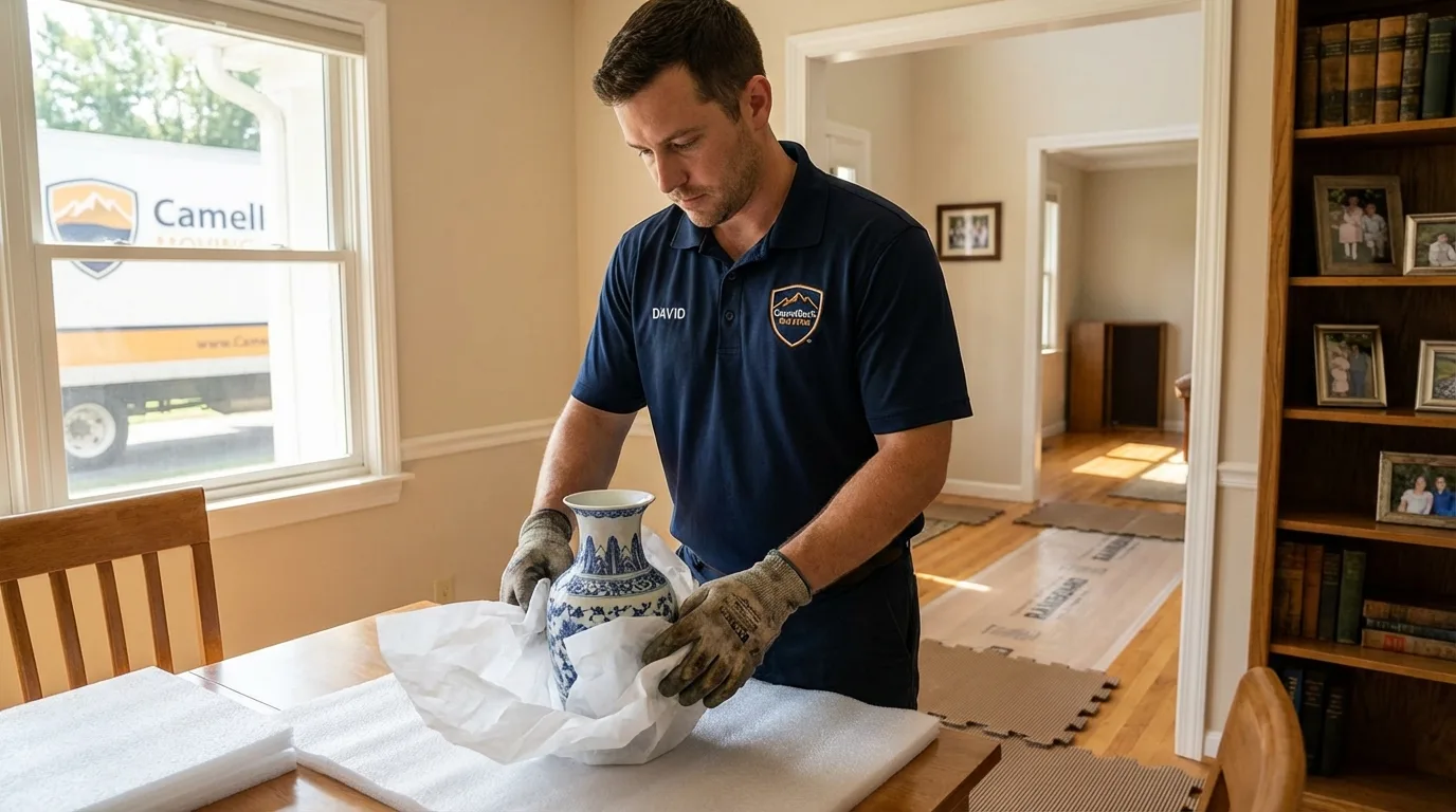 Professional crew carefully wrapping antique vase for senior downsizing move in Milton, MA