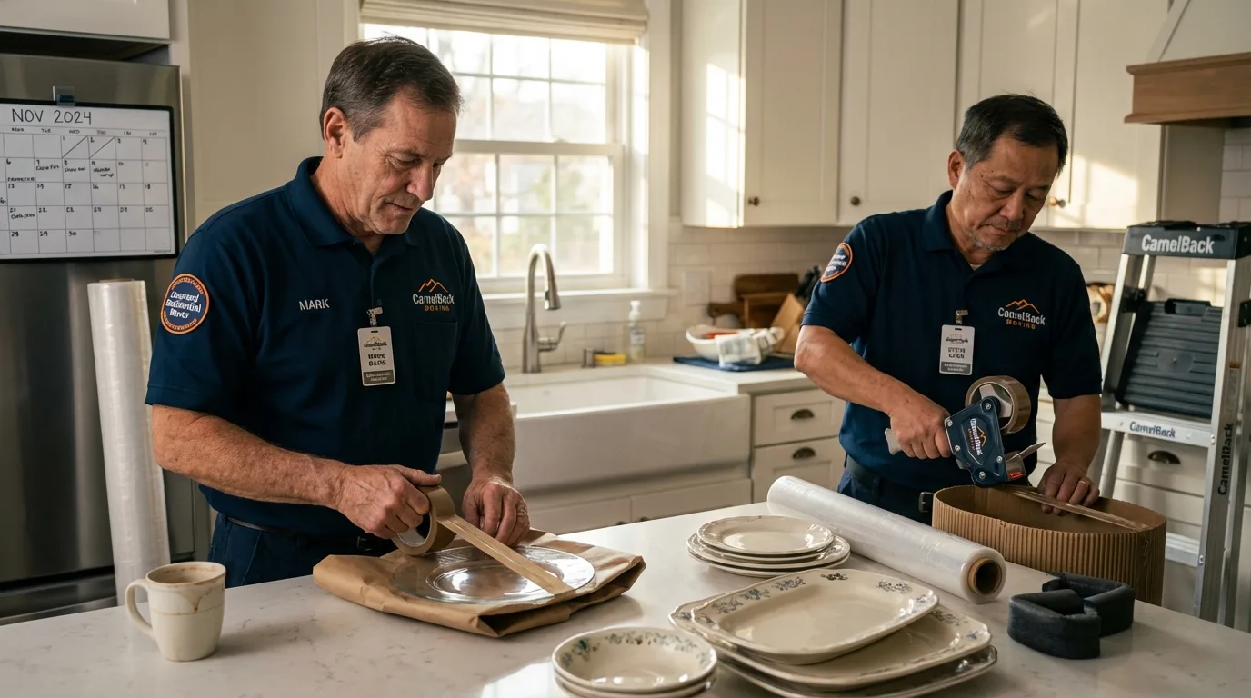 Professional crew packing kitchen dishware in Milton, MA